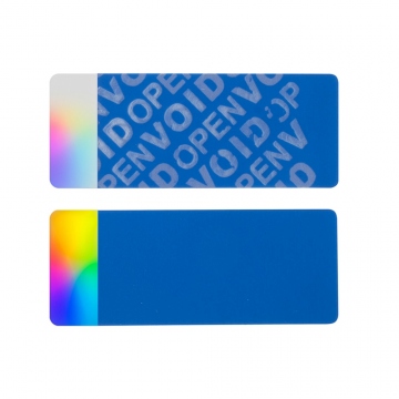 Niebieska prostokątna naklejka bezśladowa VOID z czystym srebrnym hologramem 50x20mm